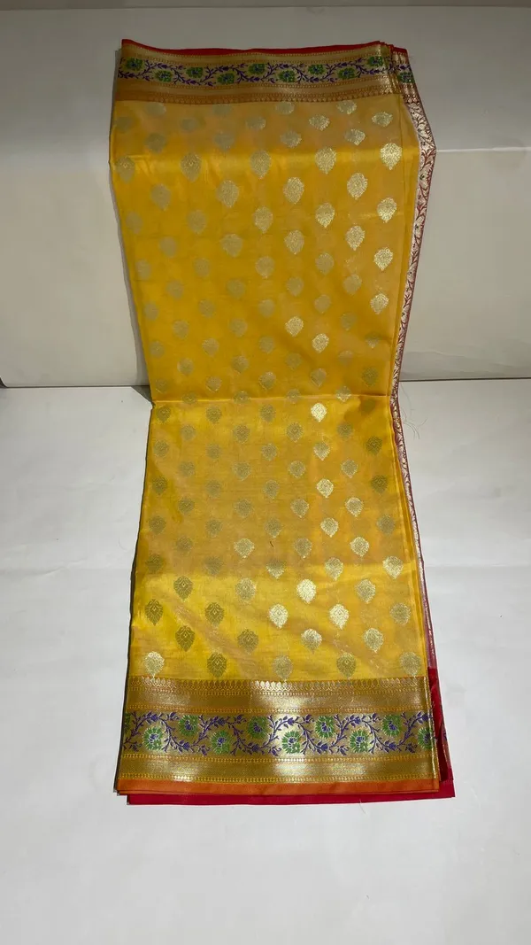 Humairah_Presents_Gold_Katan_Silk_Golden_Zari_Booti_with_Contrast_Banarasi_Alfi_Mina_Border_and_Red_Blouse