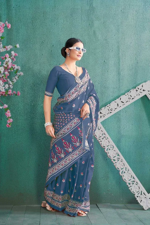 Ikkat_Print_Pure_Soft_Cotton_saree_With_Blouse_Piece