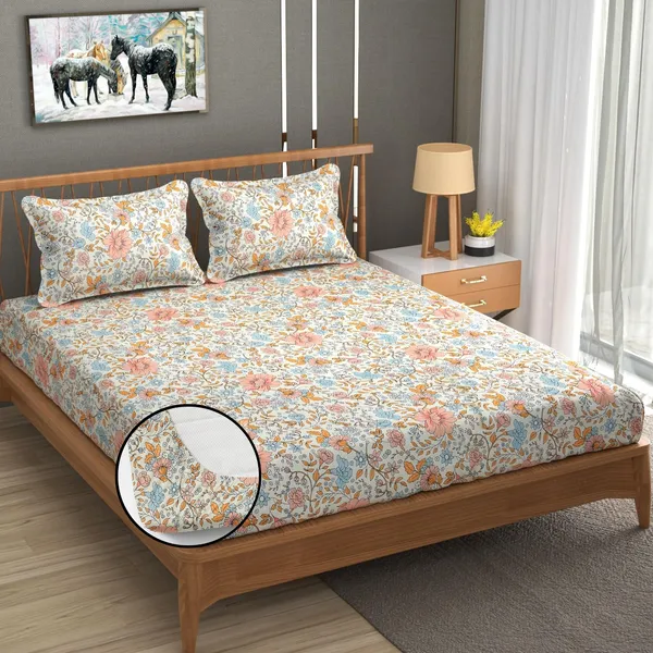 220TC_Elastic_Fitted_100%_Cotton_Feel_Printed_King_Size_Double_Bed_Bedsheet_with_2_Pillow_Cover_(72"x78"_Upto_6"_Mattress)_Small_Flowers