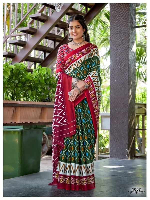 Ikkat_Hand_Block_Print_Print_Pure_Soft_Cotton_saree_With_Blouse_Piece