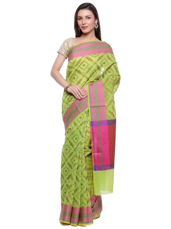Green_Cotton_Blend_Banarasi_Sarees_For_Women