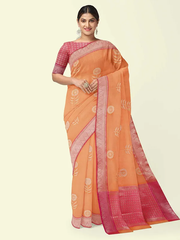 Orange_Cotton_Blend_Banarasi_Sarees_For_Women