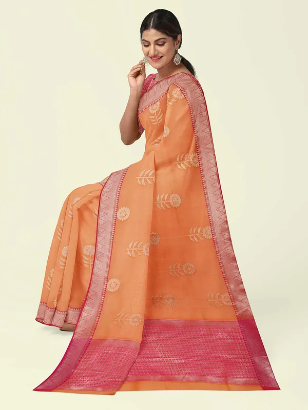 Orange_Cotton_Blend_Banarasi_Sarees_For_Women