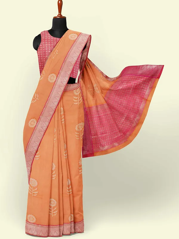 Orange_Cotton_Blend_Banarasi_Sarees_For_Women