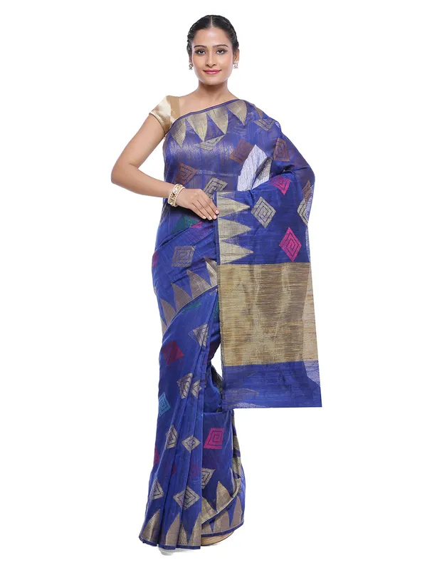 Blue_Cotton_Blend_Banarasi_Sarees_For_Women