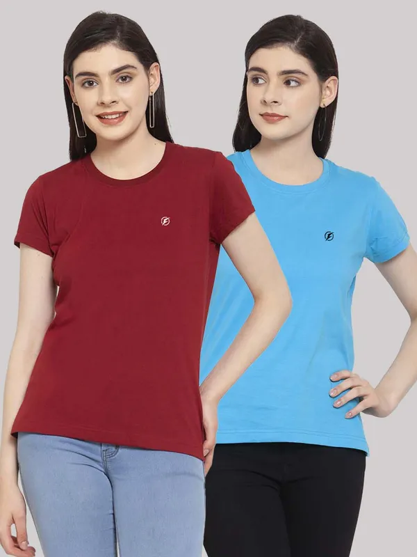 Pack_of_2_Maroon_&_Turquoise_Blue_Cotton_Round_Neck_Short_Sleeves_T-Shirt_For_Women