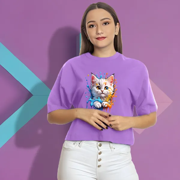 Purple_Baby_Kitten_Printed_Crop_Oversized_T-Shirt_For_Women