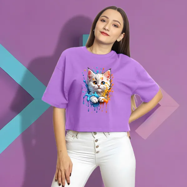 Purple_Baby_Kitten_Printed_Crop_Oversized_T-Shirt_For_Women