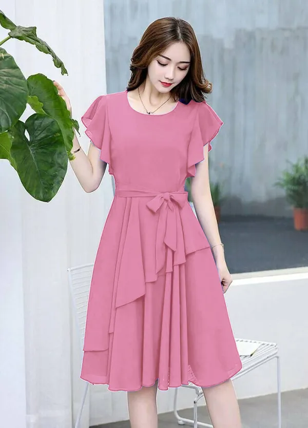 Peach_Solid_Knee_Length,_Fit_And_Flare_&_A-line