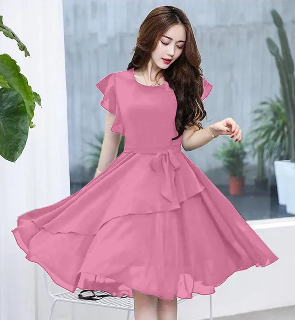 Peach_Solid_Knee_Length,_Fit_And_Flare_&_A-line