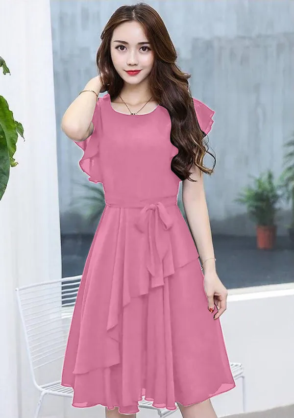 Peach_Solid_Knee_Length,_Fit_And_Flare_&_A-line