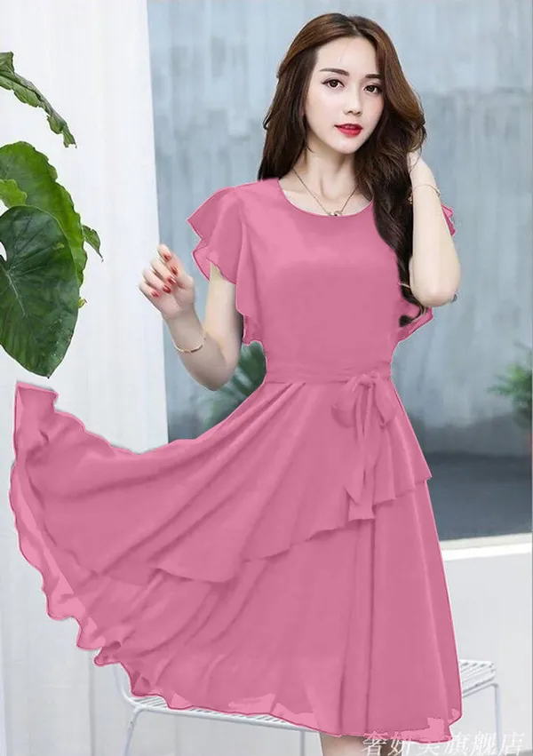 Peach_Solid_Knee_Length,_Fit_And_Flare_&_A-line