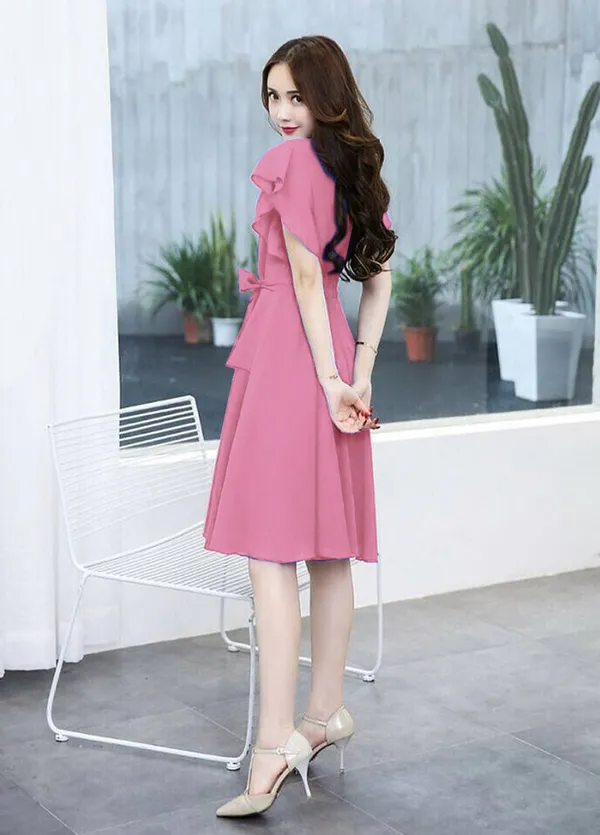 Peach_Solid_Knee_Length,_Fit_And_Flare_&_A-line