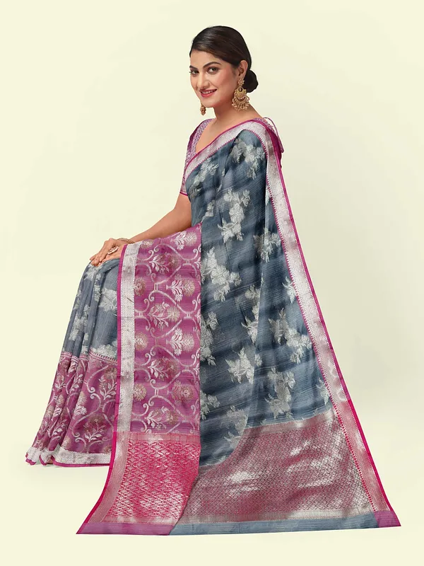 Grey_Matka_Silk/Silk_Blend_Banarasi_Sarees_For_Women