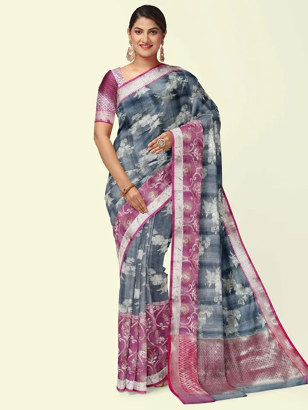 Grey_Matka_Silk/Silk_Blend_Banarasi_Sarees_For_Women