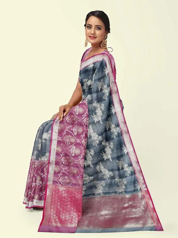 Grey_Matka_Silk/Silk_Blend_Banarasi_Sarees_For_Women