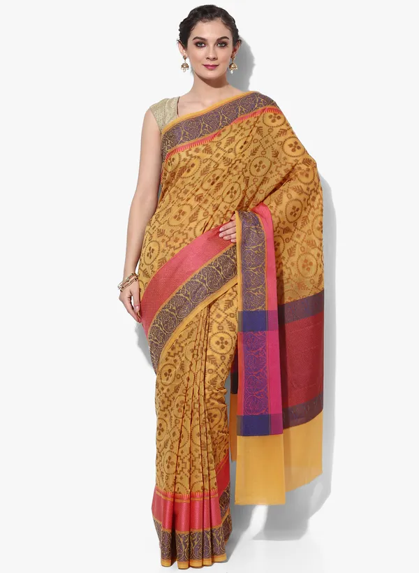 Mustard_Silk_Blend_Banarasi_Sarees_For_Women