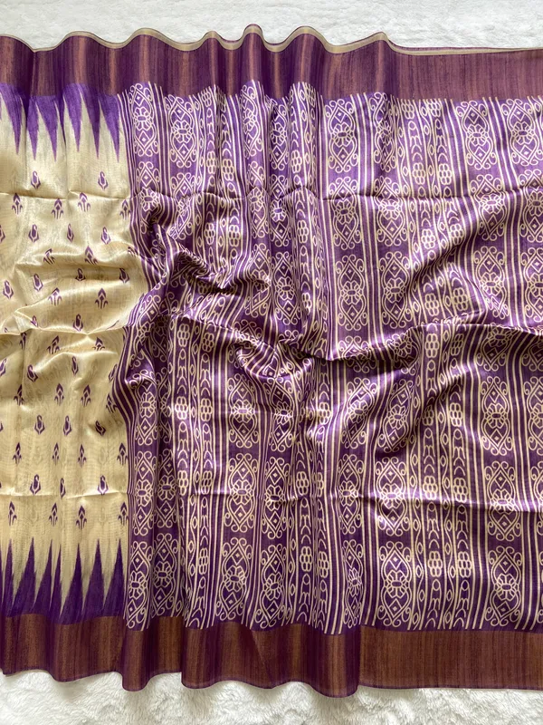 Manjusha_Purple_–_Treasured_Navratri_Special_|_Soft_Tussar_Silk_Saree_with_Print,_Border_&_Contrast_Print_Blouse_with_Tassels