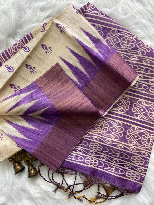 Manjusha_Purple_–_Treasured_Navratri_Special_|_Soft_Tussar_Silk_Saree_with_Print,_Border_&_Contrast_Print_Blouse_with_Tassels