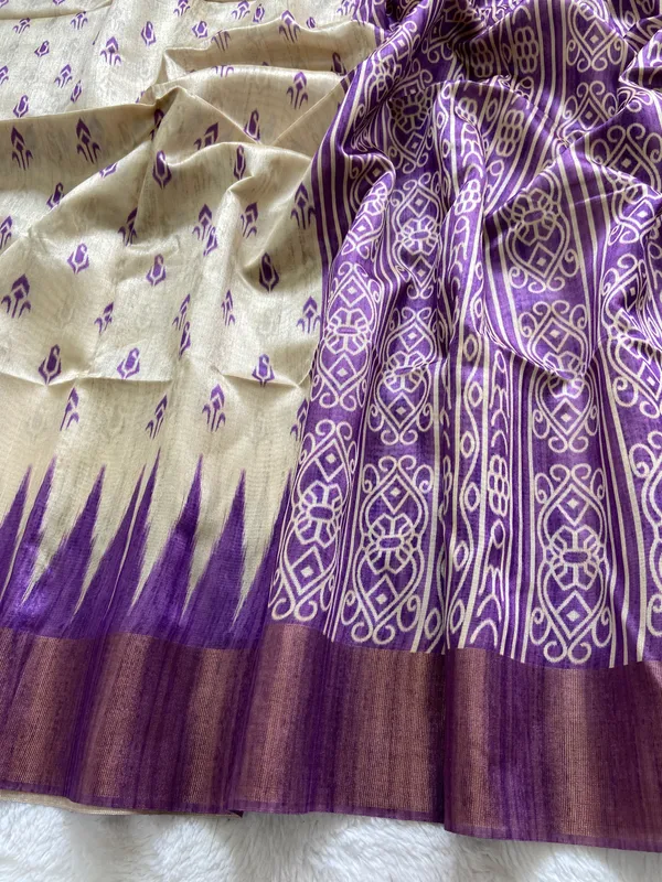 Manjusha_Purple_–_Treasured_Navratri_Special_|_Soft_Tussar_Silk_Saree_with_Print,_Border_&_Contrast_Print_Blouse_with_Tassels