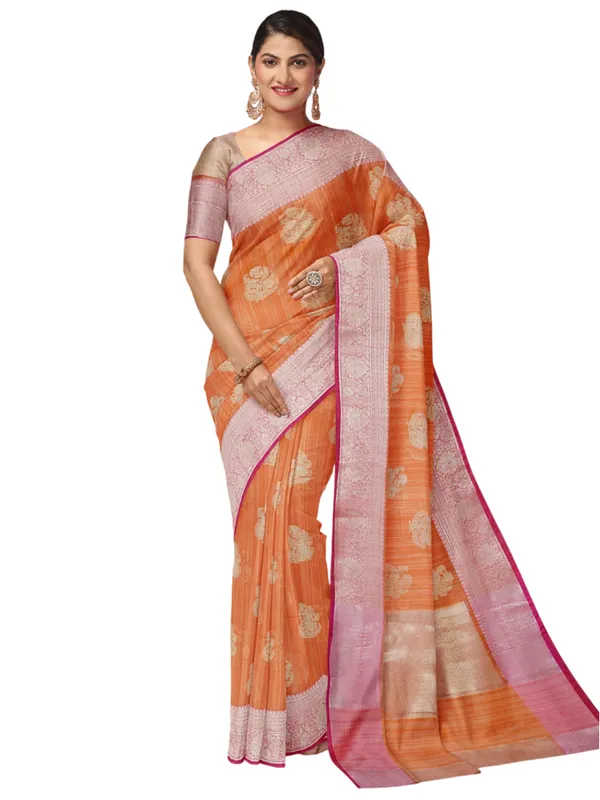 Peach_Matka_Silk/Silk_Blend_Banarasi_Sarees_For_Women
