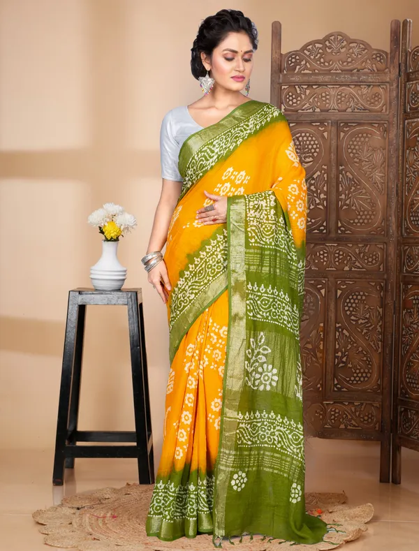 Yellow_And_Green_Linen_Batik_Print_Soft_Saree_With_Blouse_Pcs