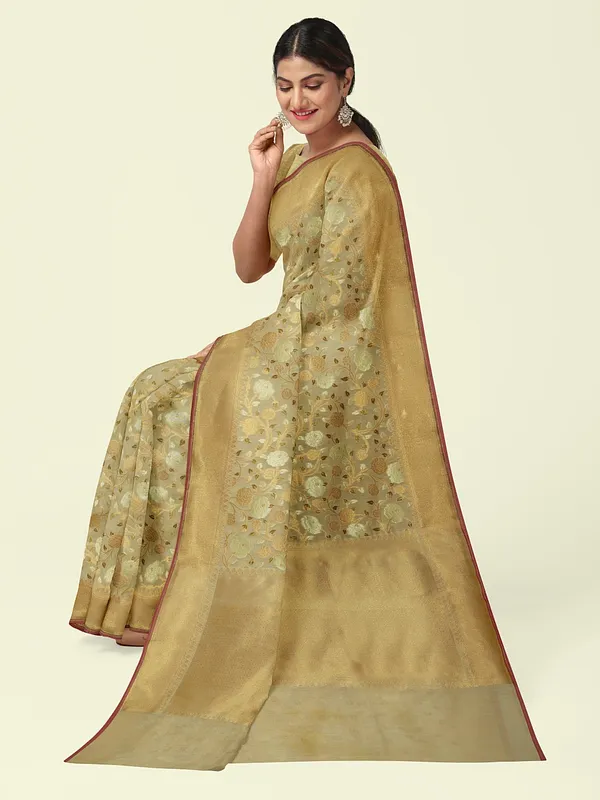 Beige_Cotton_Blend_Banarasi_Sarees_For_Women