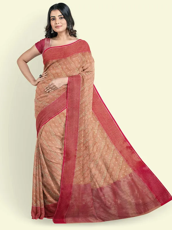 Peach_Cotton_Blend_Banarasi_Sarees_For_Women