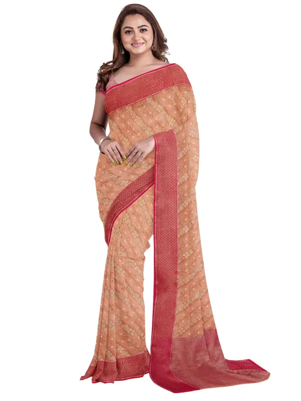 Peach_Cotton_Blend_Banarasi_Sarees_For_Women