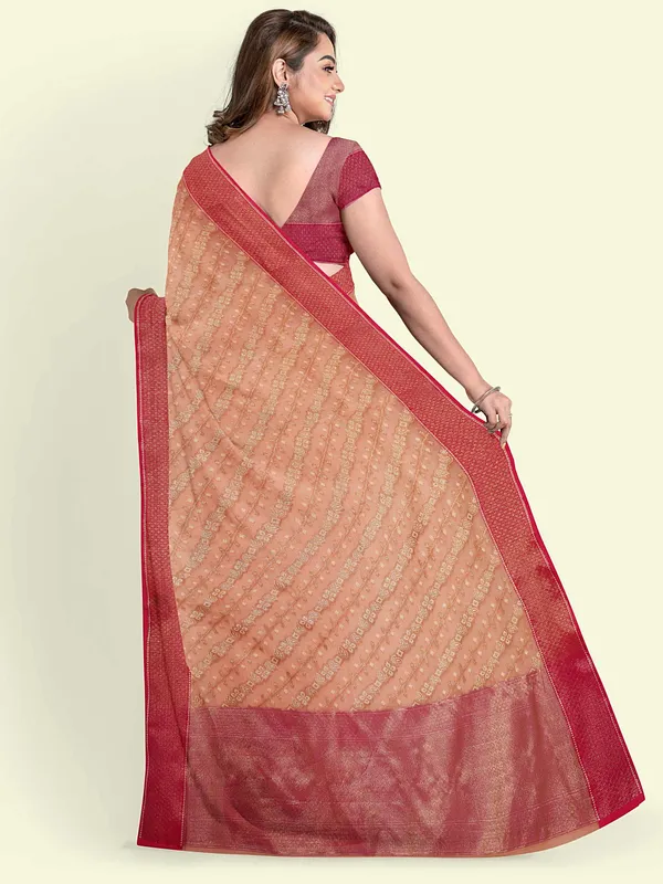 Peach_Cotton_Blend_Banarasi_Sarees_For_Women