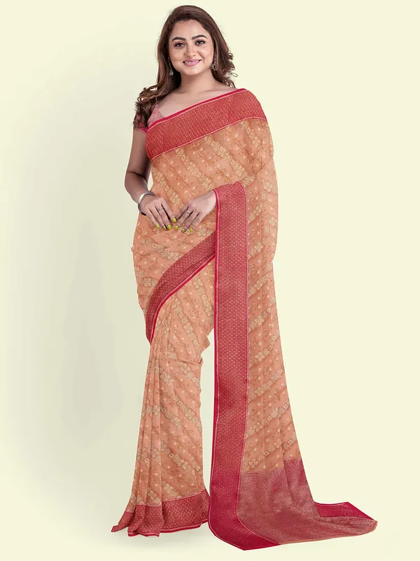 Peach_Cotton_Blend_Banarasi_Sarees_For_Women