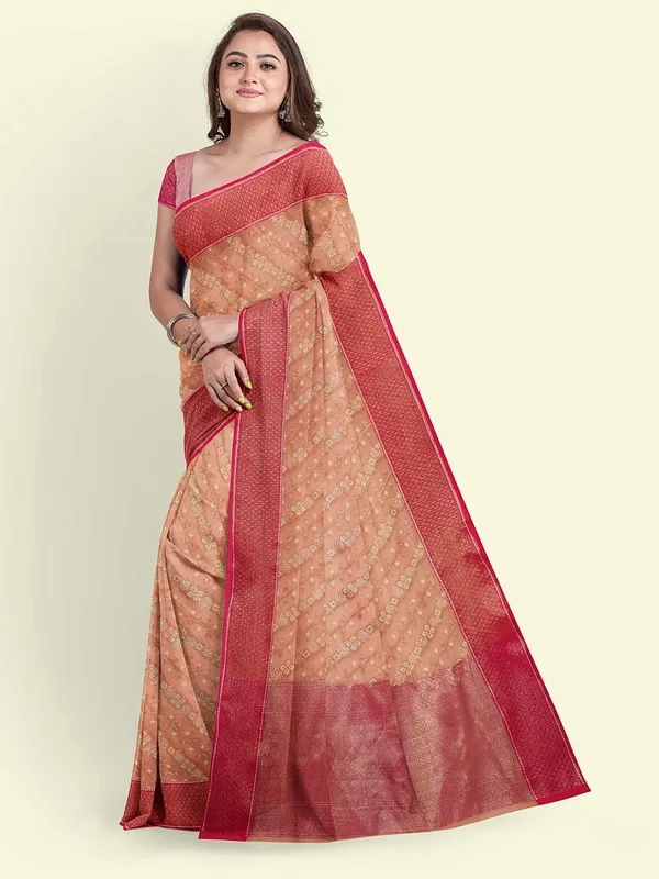 Peach_Cotton_Blend_Banarasi_Sarees_For_Women