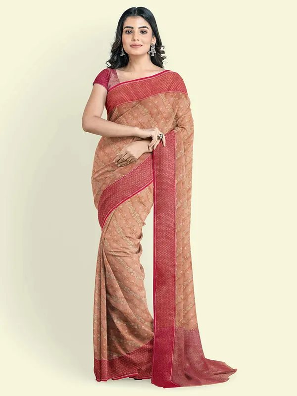 Peach_Cotton_Blend_Banarasi_Sarees_For_Women