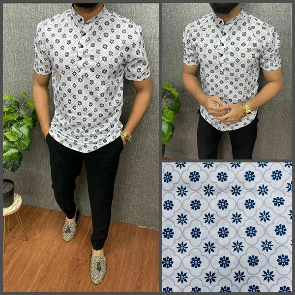 White_&_Blue_Color_Printed_Kurta_Shirt