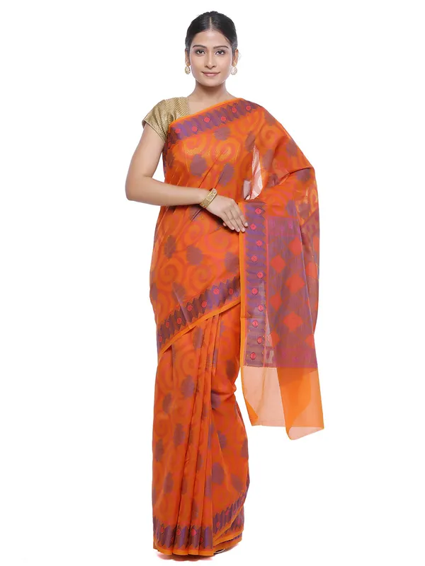 Orange_Cotton_Blend_Banarasi_Sarees_For_Women
