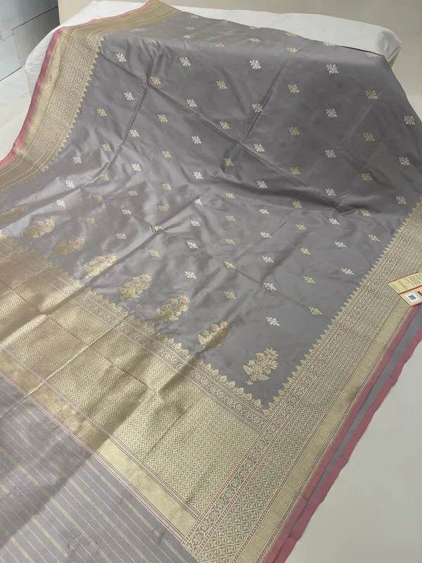 Humairah_Pure_Handwoven__Grey_Katan_Silk_Kadhwa_Gold_&_Silver_Swastik_Booti_with_Kadhwa_Zari_Border_and_Grey_Stripe_Blouse
