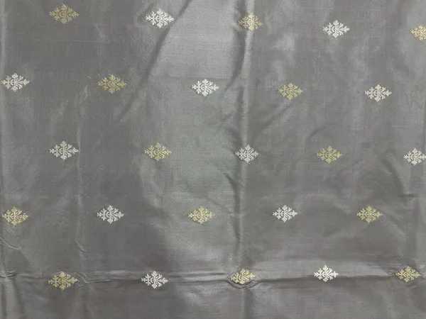 Humairah_Pure_Handwoven__Grey_Katan_Silk_Kadhwa_Gold_&_Silver_Swastik_Booti_with_Kadhwa_Zari_Border_and_Grey_Stripe_Blouse