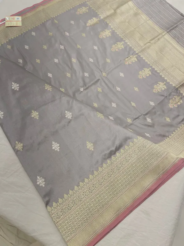 Humairah_Pure_Handwoven__Grey_Katan_Silk_Kadhwa_Gold_&_Silver_Swastik_Booti_with_Kadhwa_Zari_Border_and_Grey_Stripe_Blouse