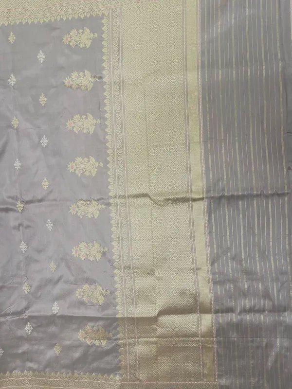 Humairah_Pure_Handwoven__Grey_Katan_Silk_Kadhwa_Gold_&_Silver_Swastik_Booti_with_Kadhwa_Zari_Border_and_Grey_Stripe_Blouse