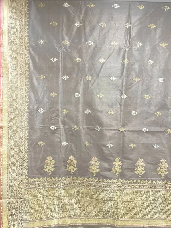 Humairah_Pure_Handwoven__Grey_Katan_Silk_Kadhwa_Gold_&_Silver_Swastik_Booti_with_Kadhwa_Zari_Border_and_Grey_Stripe_Blouse