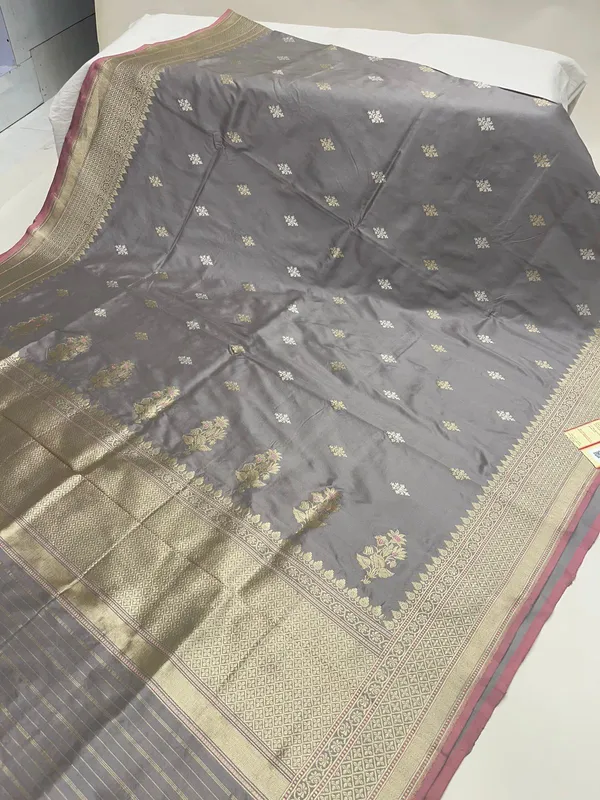 Humairah_Pure_Handwoven__Grey_Katan_Silk_Kadhwa_Gold_&_Silver_Swastik_Booti_with_Kadhwa_Zari_Border_and_Grey_Stripe_Blouse