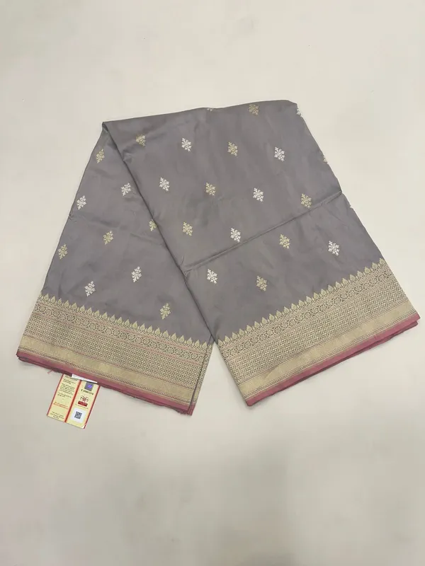Humairah_Pure_Handwoven__Grey_Katan_Silk_Kadhwa_Gold_&_Silver_Swastik_Booti_with_Kadhwa_Zari_Border_and_Grey_Stripe_Blouse