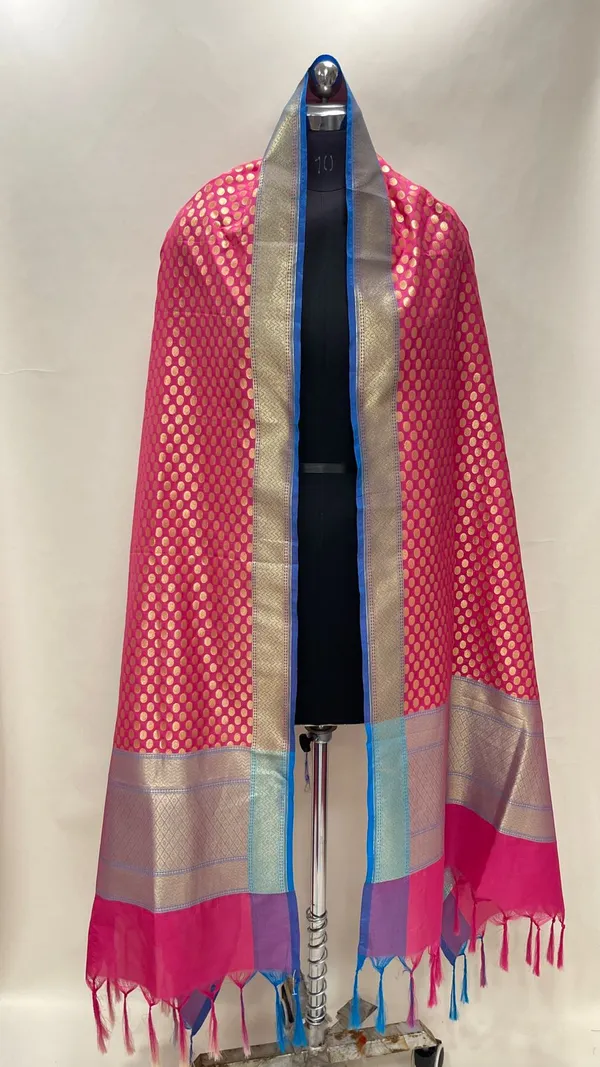 Humairah_Presents_Pink_Semi_Katan_Silk_Alfi_Zari_Booti_With_Contrast_Blue_Zari_Border_Banarasi_Dupatta
