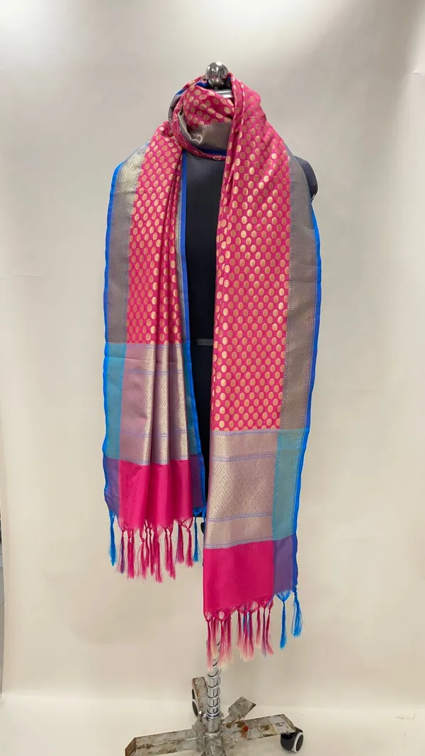 Humairah_Presents_Pink_Semi_Katan_Silk_Alfi_Zari_Booti_With_Contrast_Blue_Zari_Border_Banarasi_Dupatta