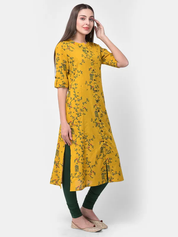 Mustard_Yellow_Cotton_Floral_Printed_A-line_Kurta