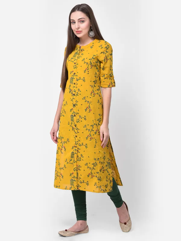 Mustard_Yellow_Cotton_Floral_Printed_A-line_Kurta