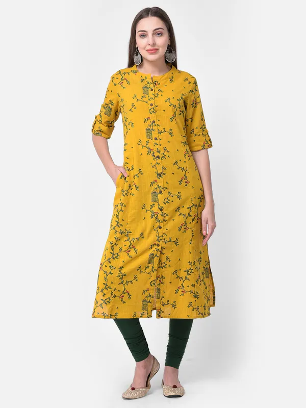 Mustard_Yellow_Cotton_Floral_Printed_A-line_Kurta