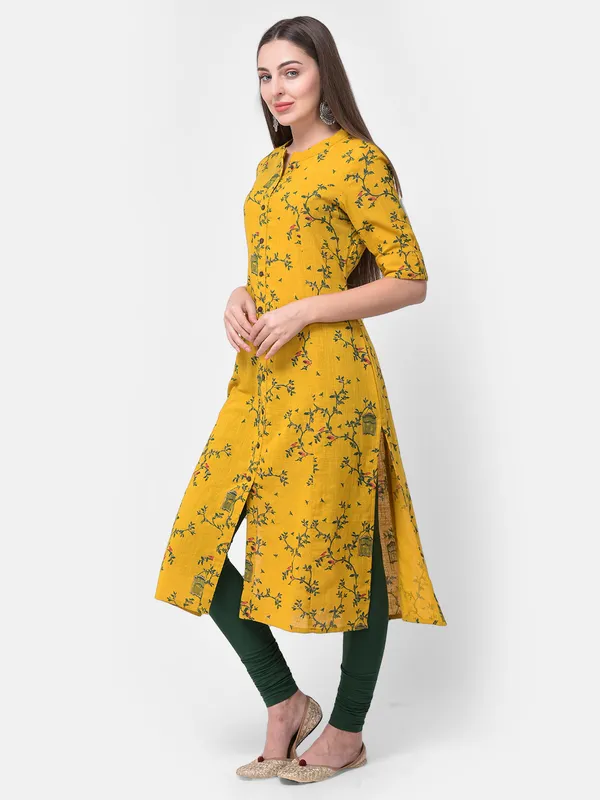 Mustard_Yellow_Cotton_Floral_Printed_A-line_Kurta