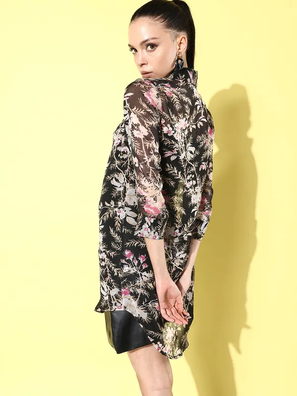 Multicolor_Chiffon_3/4th_Sleeve_Self_Design_Regular_Fit_Long_Shirt_For_Women