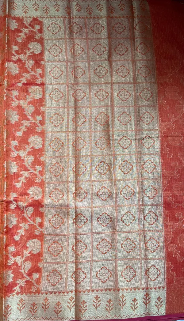 Humairah_Presents_Orange_Tissue_Golden_Floral_Zari_Jaal_with_Checkered_Pallu_and_Orange_Blouse